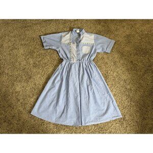 Vintage 70s 80s Fit & Flare Midi Dress Blue Stripe Elastic Waist Cotton USA 10